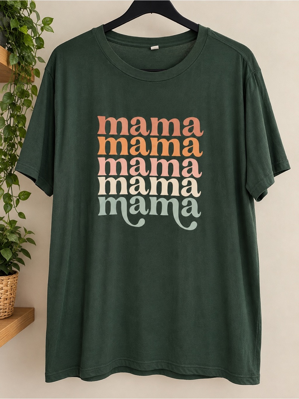 Women’s XL “mama” Graphic Tee W/ Pastel Letters- Forest Green